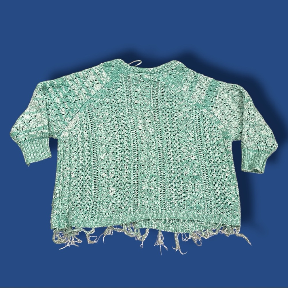 🎉HP🎉 EUC ACOA Open Knit Oversized Fringe Sweater in Teal. Size Small - Picture 4 of 11